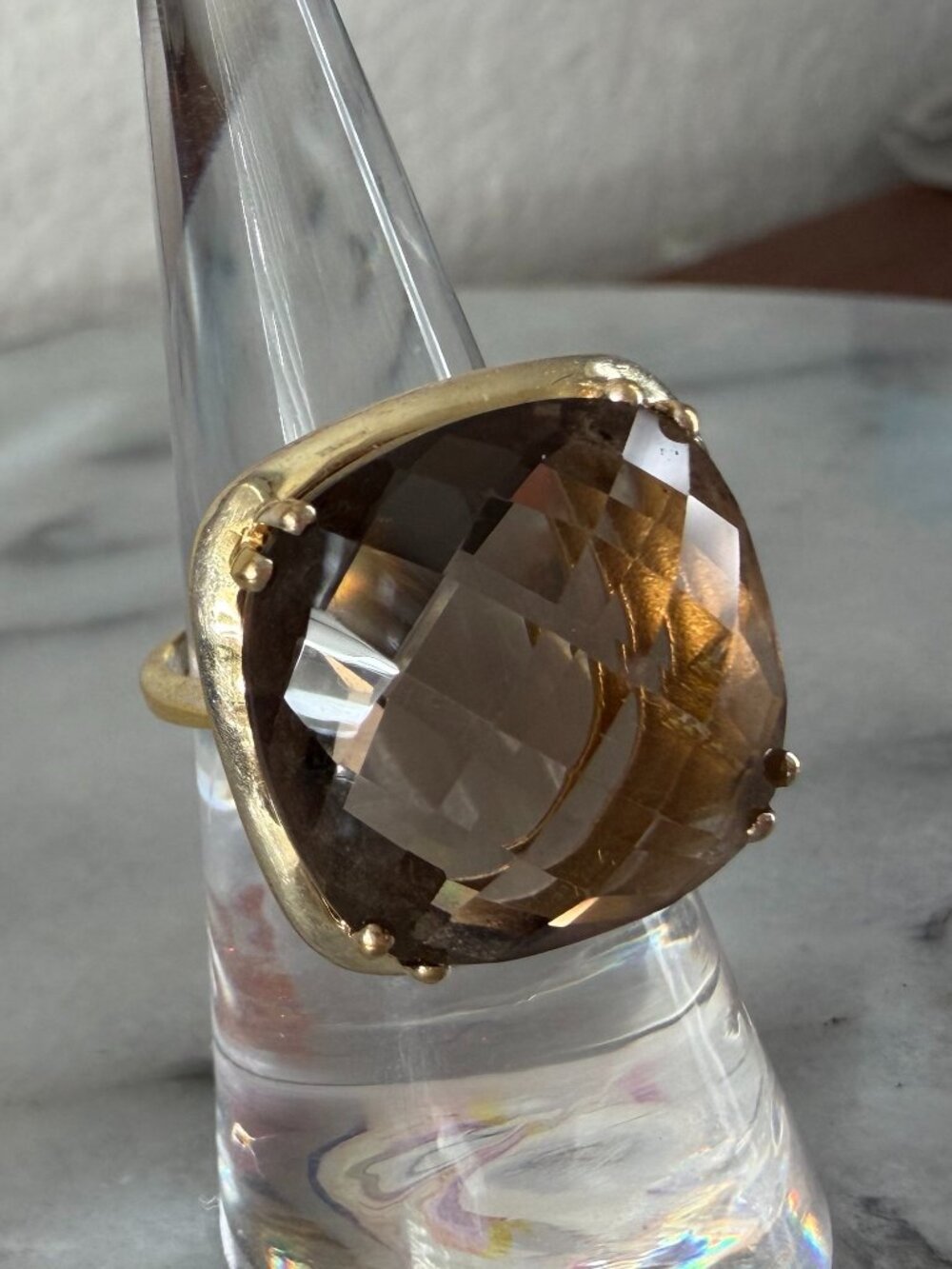 Large Vintage Smoky Quartz Cushion Checkerboard Cut Ring